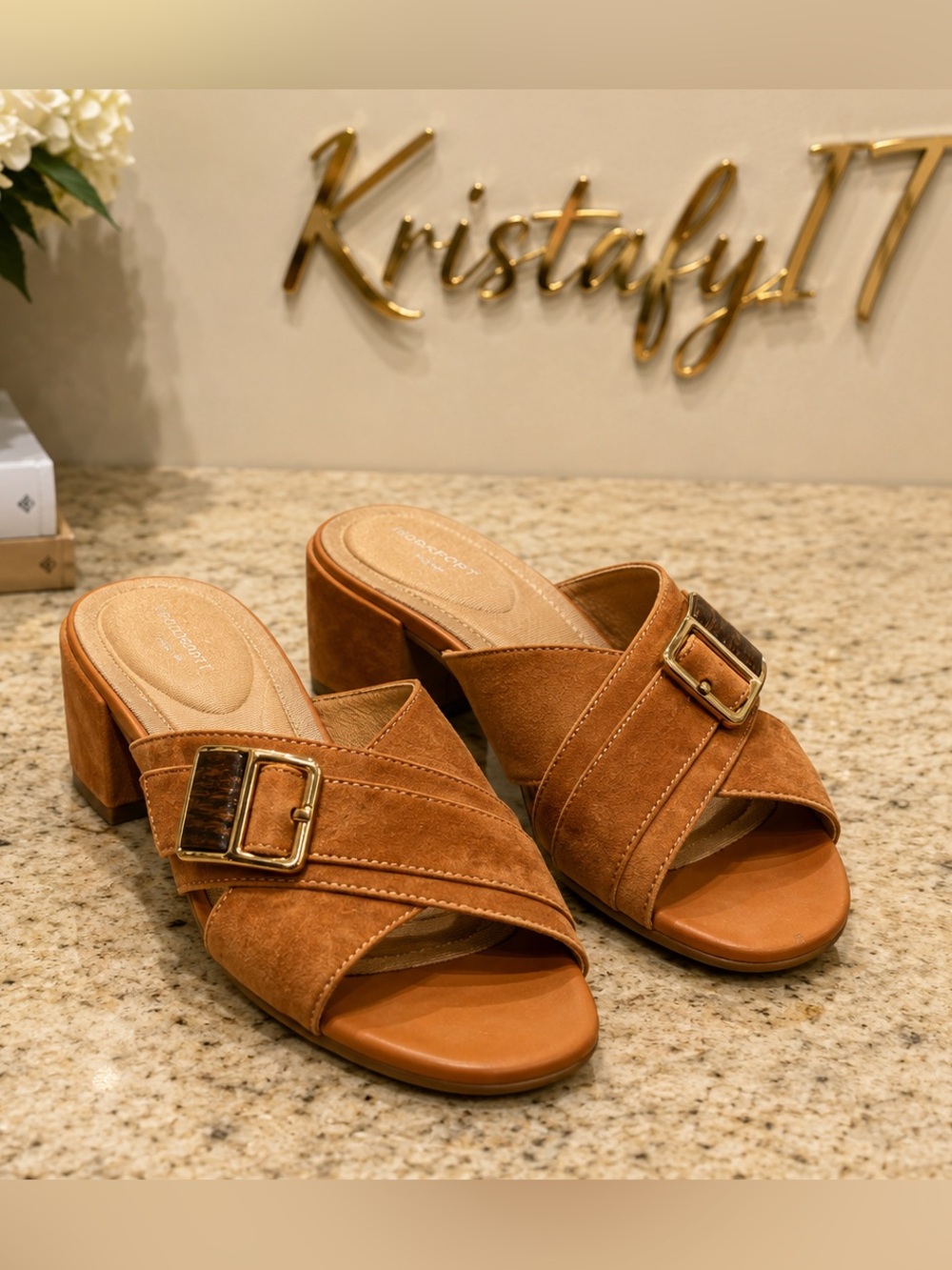 Rockport Total Motion Alaina B Leather Slide Sandals Natural 8M